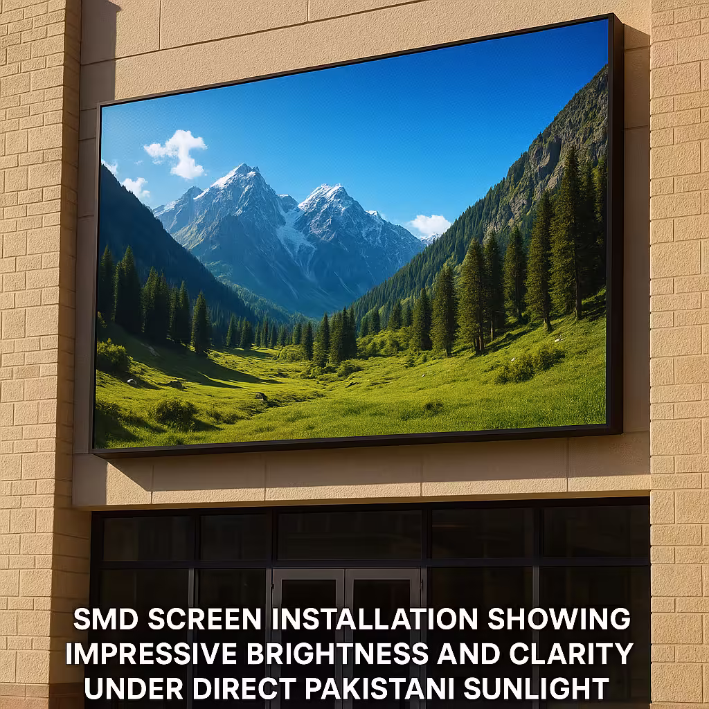 High-brightness SMD display operating at 7500 nits maintaining perfect visibility under intense midday sunlight in Karachi's business district, with pedestrians clearly able to view advertising content despite glare conditions