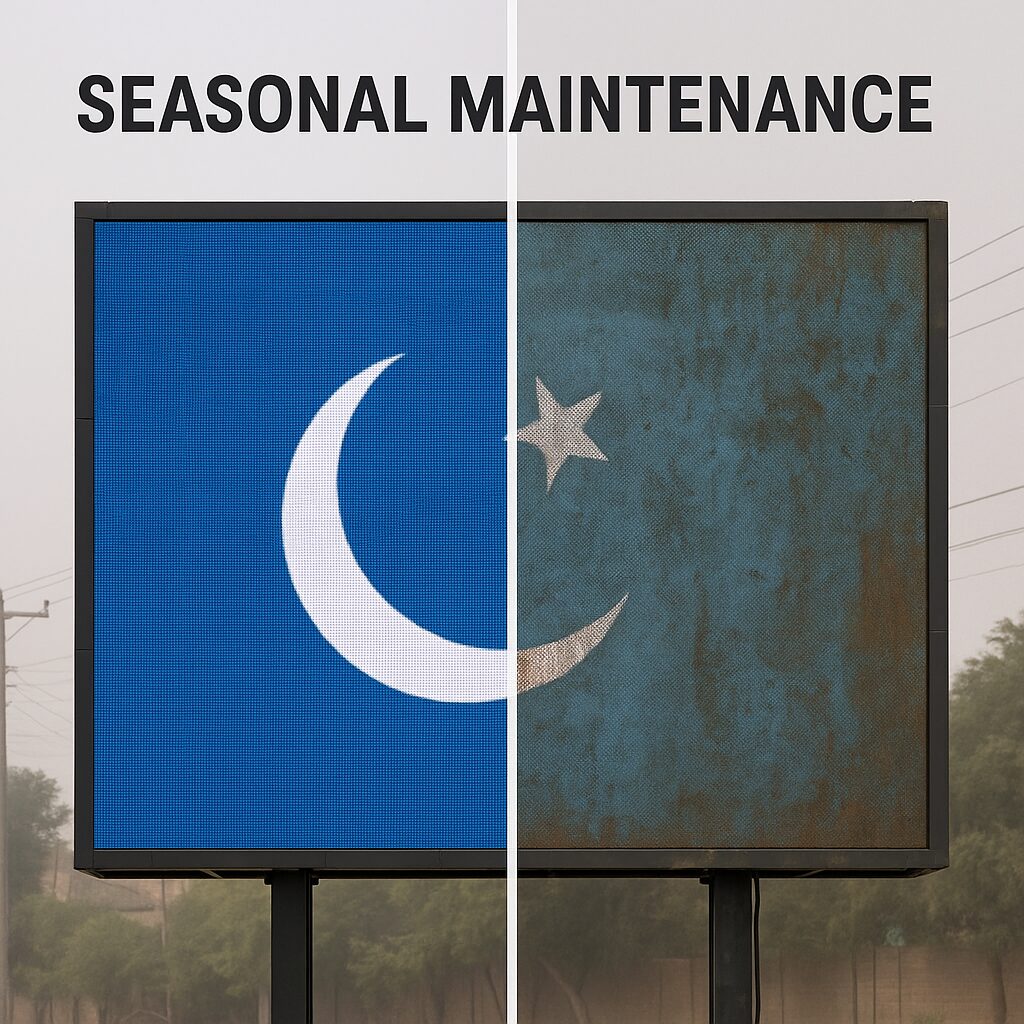 Image Space: Split-screen showing pristine SMD screen vs. weather-damaged screen in Pakistani climate