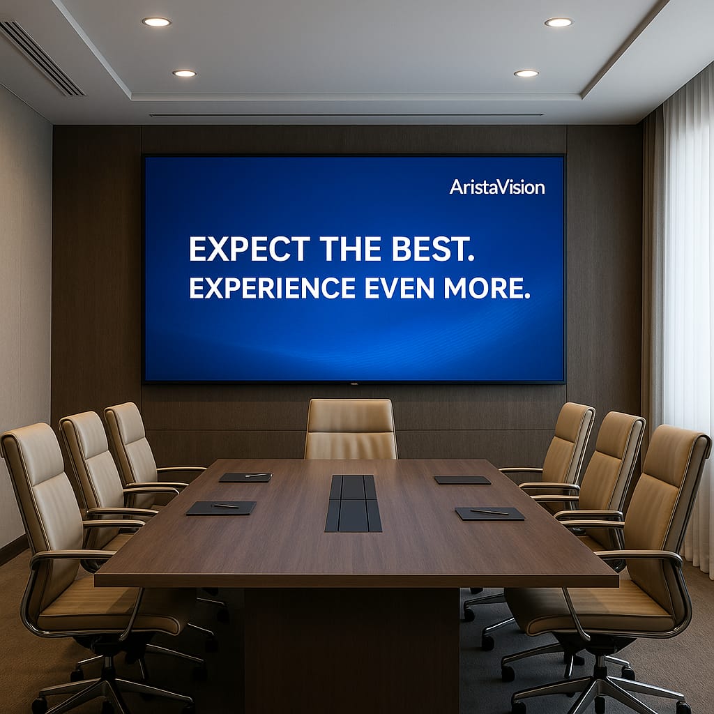 A high-resolution image of a grand, modern conference hall with a massive SMD LED screen at the front displaying the text "EXPECT THE BEST. EXPERIENCE EVEN MORE." and the Arista Vision logo in the top-right corner.