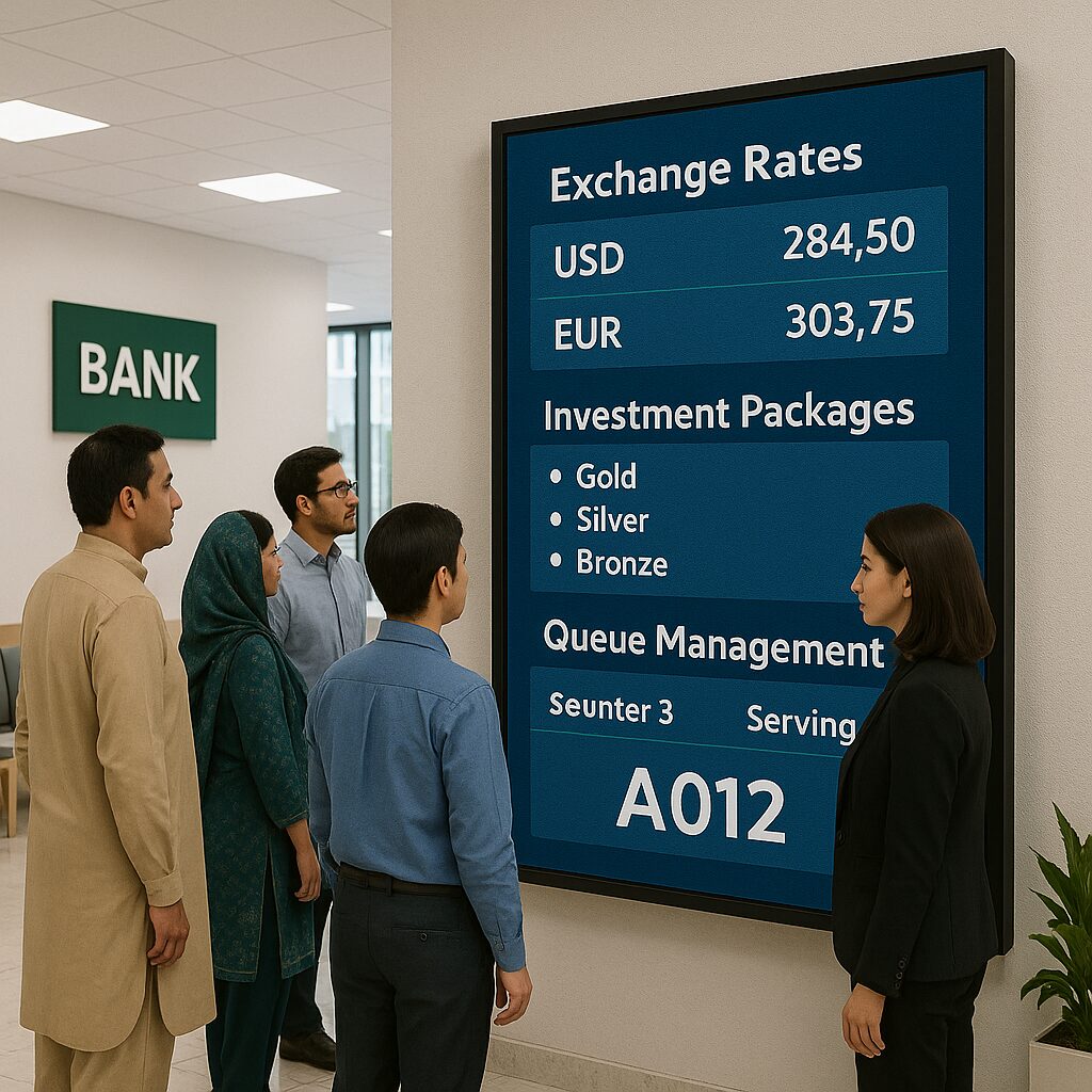 A sleek SMD LED display mounted on the wall of a contemporary bank branch in Pakistan, showing real-time exchange rates, investment packages, and queue management information, with customers in traditional and modern attire viewing the screen in a well-lit banking hall.