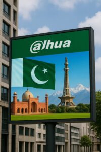 A large outdoor Dahua SMD LED screen displaying vivid visuals of Pakistani landmarks, including the Badshahi Mosque, Minar-e-Pakistan, and the national flag, set against a backdrop of snow-covered mountains and a bright sky, with the Dahua logo prominently featured at the top.