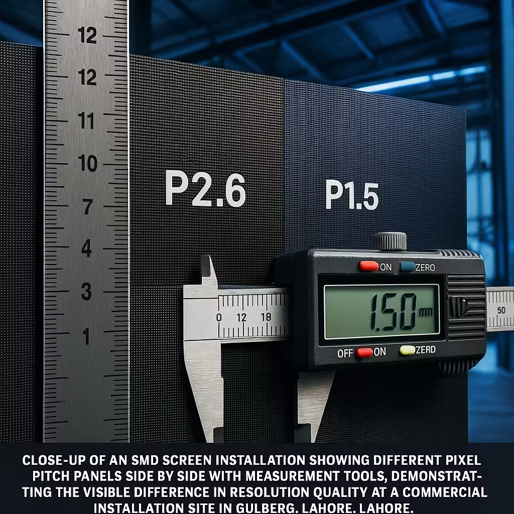 Technician comparing two SMD panels with different pixel pitches (P3 and P6) at a new installation project in a Lahore shopping mall, with measuring tools showing the physical spacing differences between LEDs