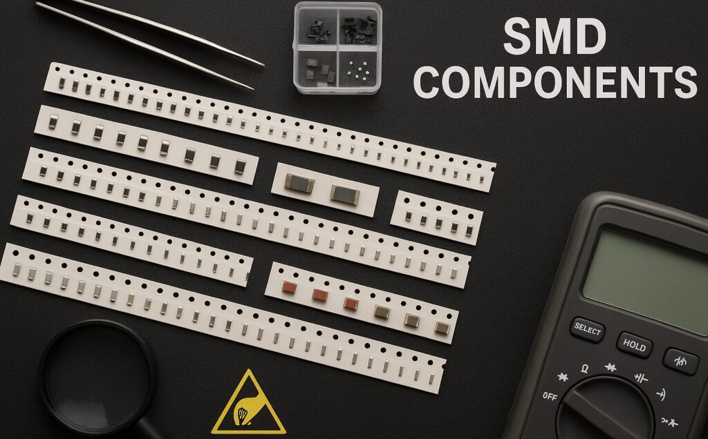 Image: Professional workspace showing various SMD components organized on an ESD-safe mat