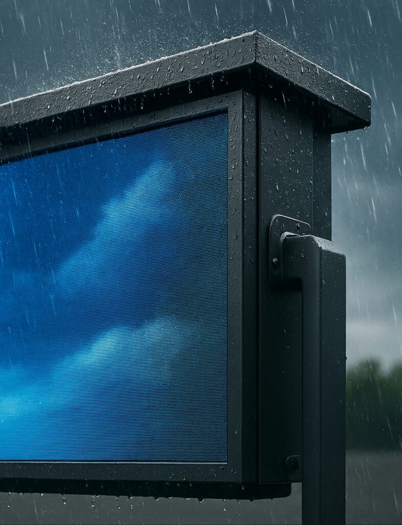 Close-up of an IP65-rated SMD screen installation in Islamabad showing protective housing design with specialized weather sealing and ventilation systems, demonstrating how professional weatherproofing enables reliable operation during monsoon conditions