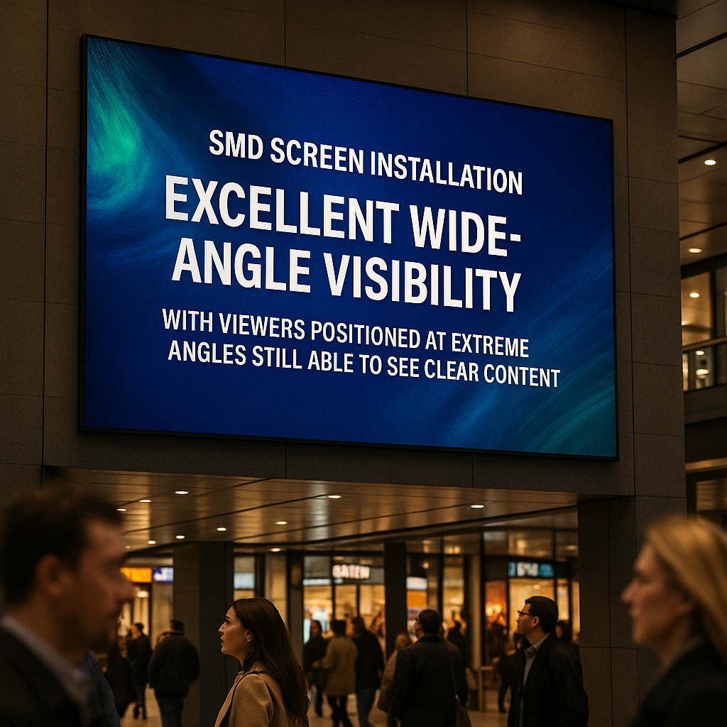 Large SMD display in a Lahore shopping mall demonstrating superior 160-degree viewing angle technology, with shoppers at extreme side positions still experiencing clear visibility and accurate colors despite their off-center viewing positions