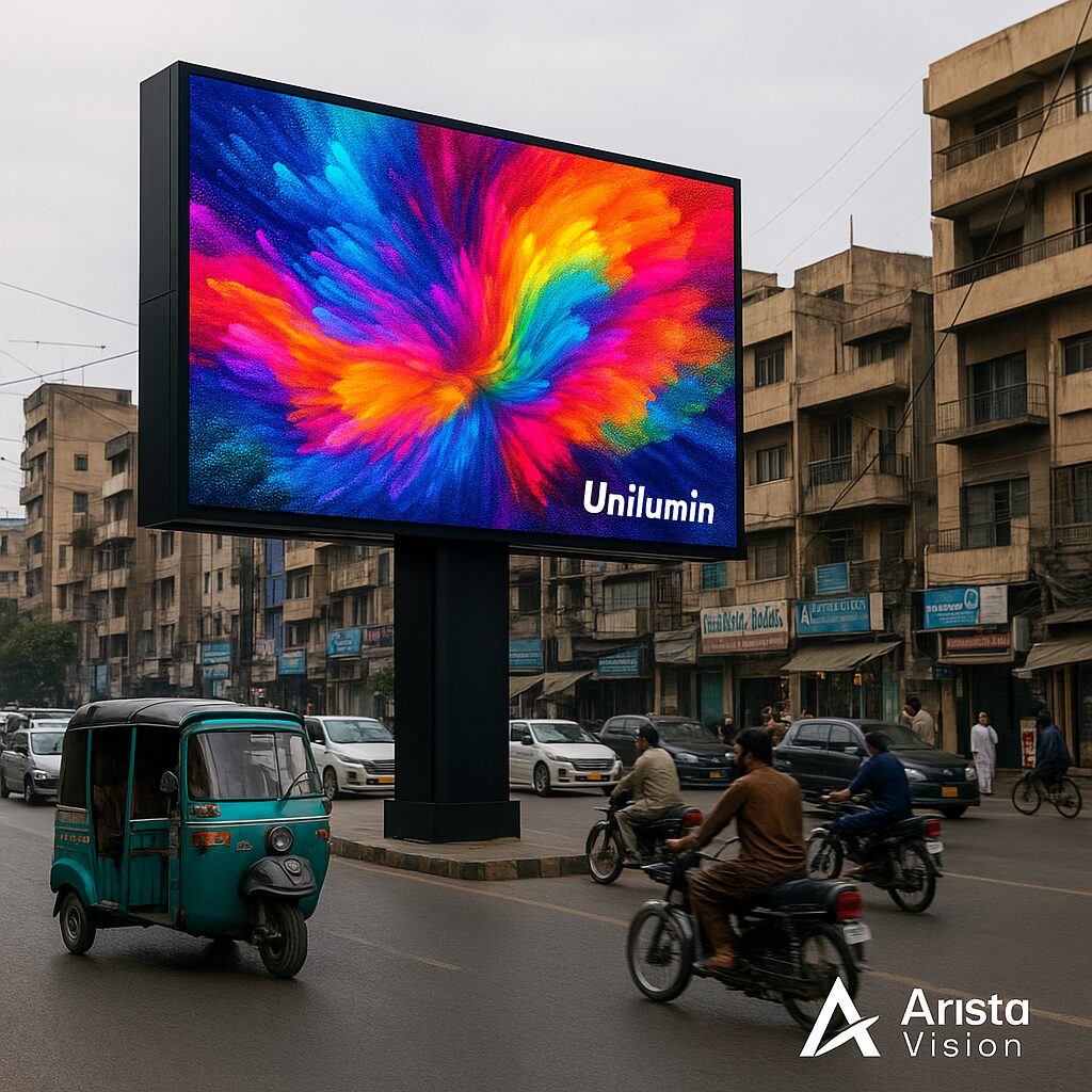 A high-resolution digital billboard in a busy Pakistani city street displays a vibrant, colorful Unilumin SMD LED screen with abstract swirls of blue, pink, yellow, and orange. The surrounding urban scene includes motorcycles, a rickshaw, pedestrians, and multi-story buildings, with the Arista Vision logo visible in the corner.