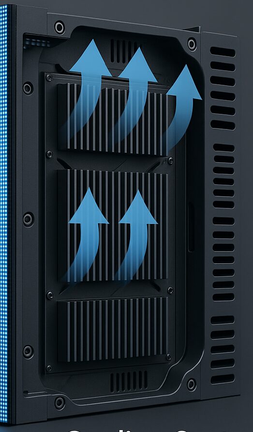 High-brightness SMD display with visible cooling system components including heat sinks and ventilation design