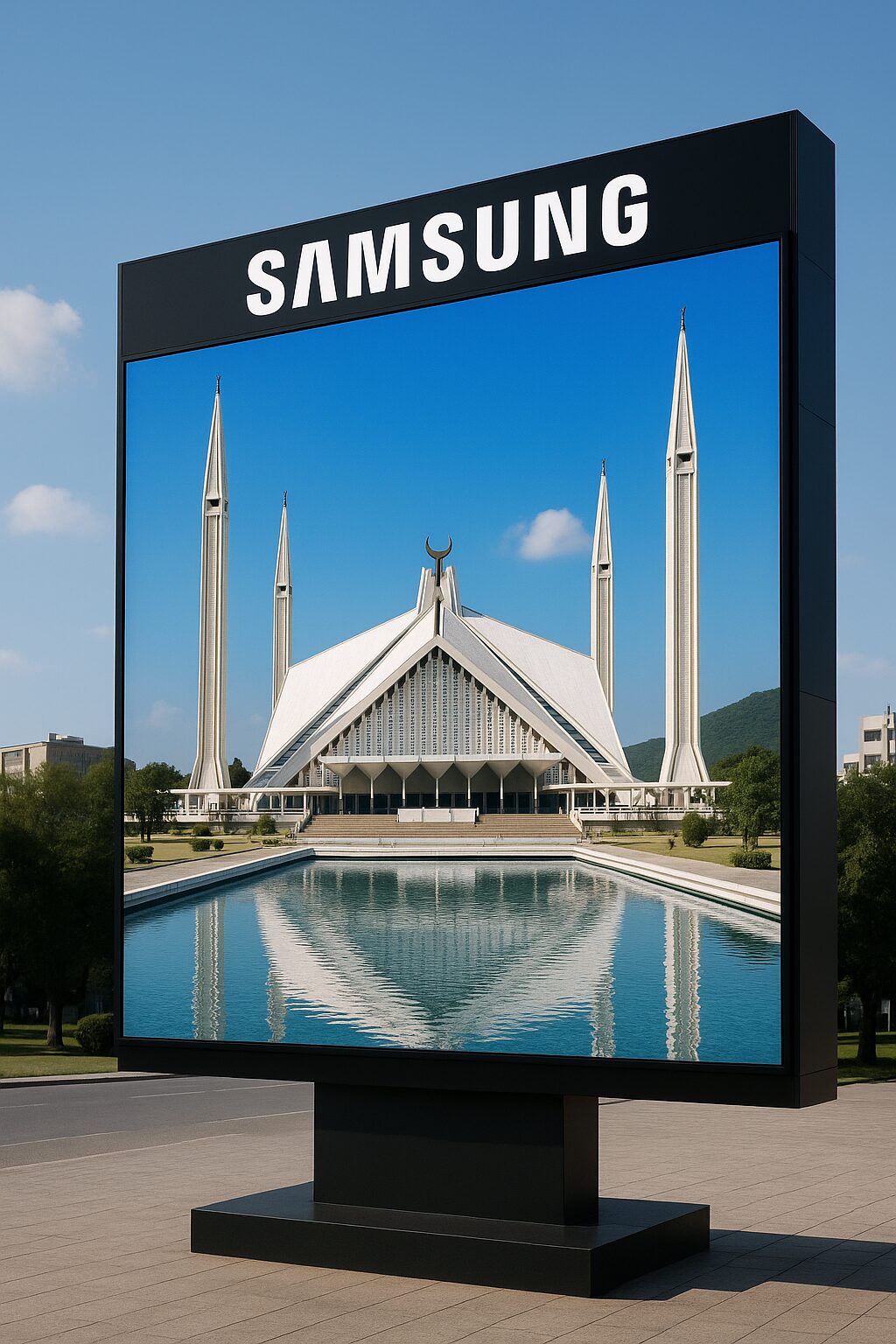 A Samsung SMD screen in Islamabad displays a high-resolution image of the Faisal Mosque with its iconic minarets and triangular structure, reflected in the foreground pool. The screen is mounted on a sleek black stand, with the white Samsung logo prominently featured at the top against a clear blue sky.