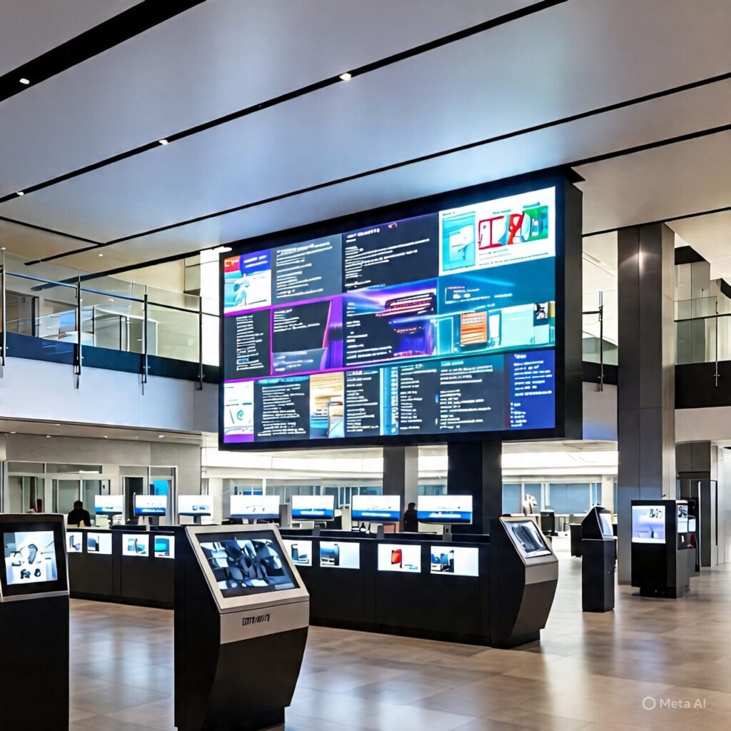 Image Space: Modern corporate lobby featuring a large LED wall displaying dynamic company content and interactive kiosks