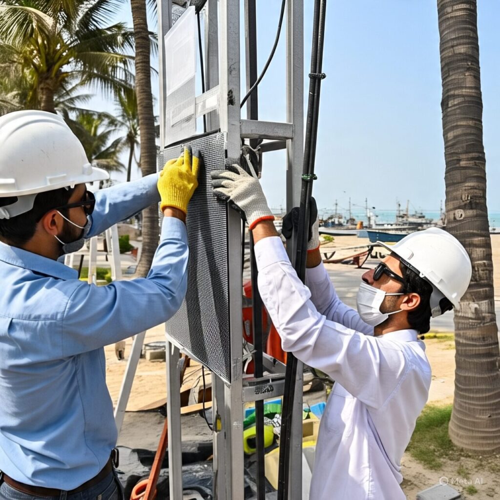 Professional SMD screen installation team working on a weatherproof display in Karachi's coastal area