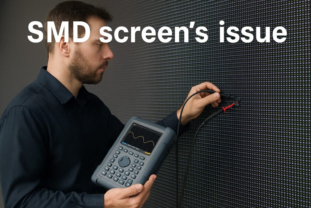 Image: Professional technician using diagnostic equipment on large SMD display wall