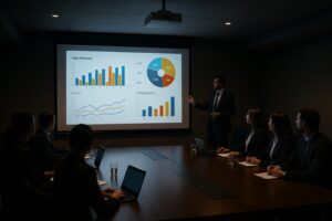 A wide-angle view of a dimly lit corporate conference room shows a high-lumen projector displaying colorful business charts and graphs on a large screen. A male presenter in a suit gestures toward the screen while six professionally dressed attendees sit around a wooden conference table, engaging with laptops and notebooks. The scene reflects a focused, modern business meeting environment illuminated mainly by the projector’s bright display.