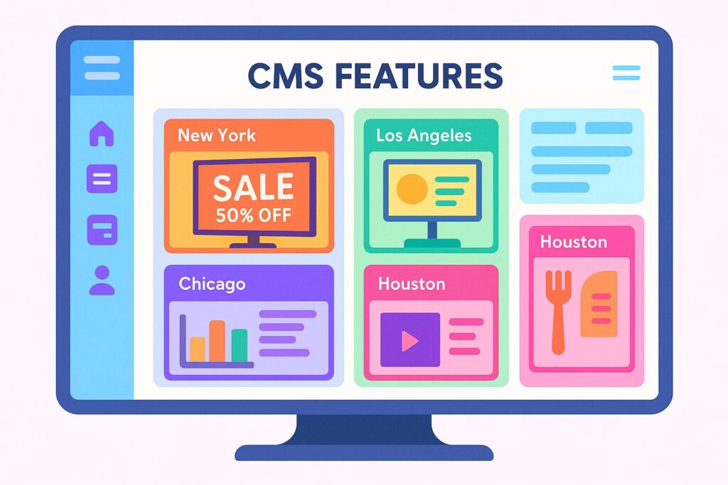 Alt text: Modern CMS dashboard displaying real-time status of digital signage screens across multiple business locations with content scheduling and analytics panels