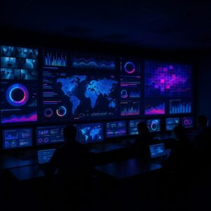 A wide-angle, nighttime view of a high-tech control room features a massive, colorful video wall displaying real-time data including maps, graphs, heatmaps, and security feeds in neon shades of blue, pink, and purple. Four silhouetted operators sit at desks with multiple monitors, actively monitoring the dynamic content in a dimly lit, professional environment designed for 24/7 surveillance and decision-making.