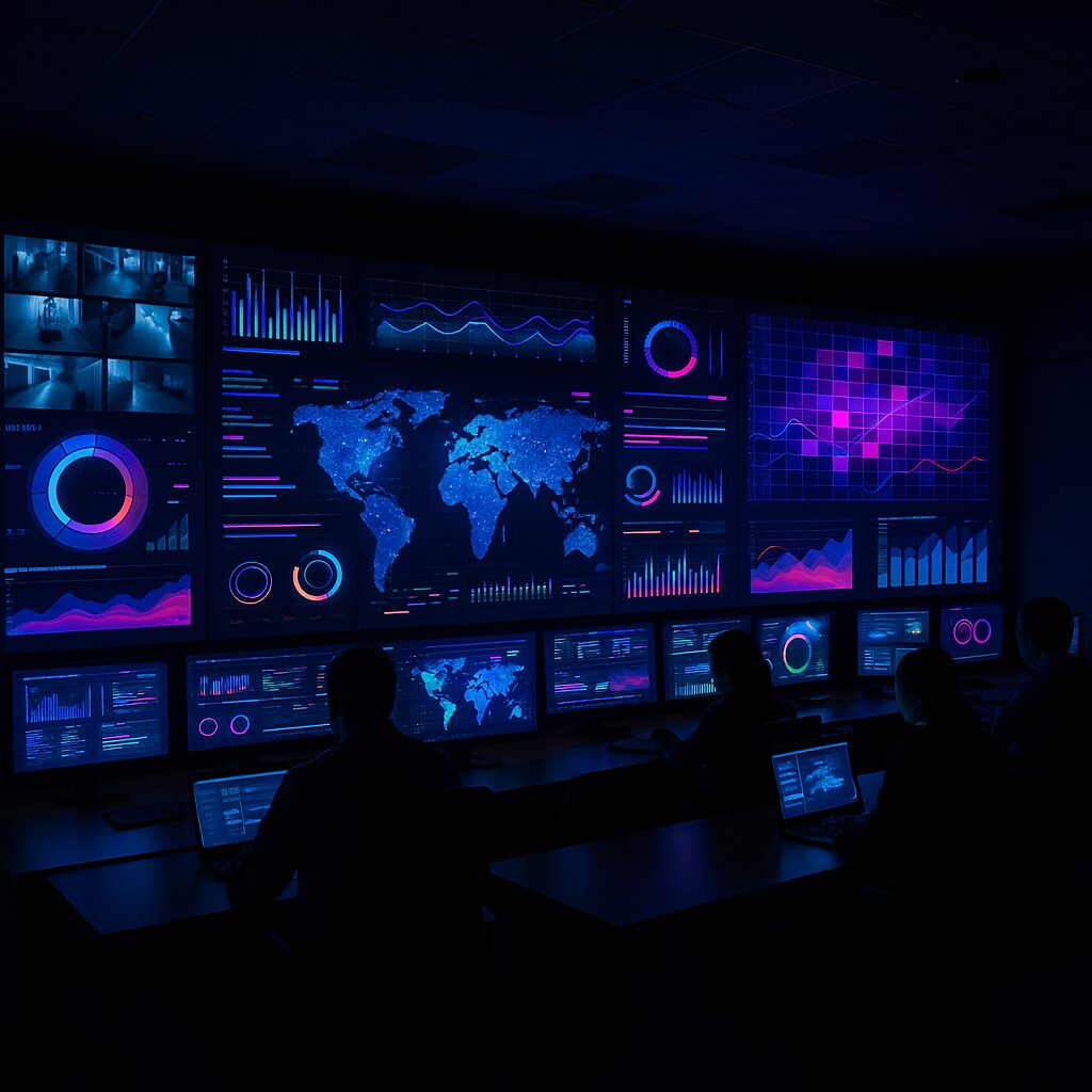 A wide-angle, nighttime view of a high-tech control room features a massive, colorful video wall displaying real-time data including maps, graphs, heatmaps, and security feeds in neon shades of blue, pink, and purple. Four silhouetted operators sit at desks with multiple monitors, actively monitoring the dynamic content in a dimly lit, professional environment designed for 24/7 surveillance and decision-making.