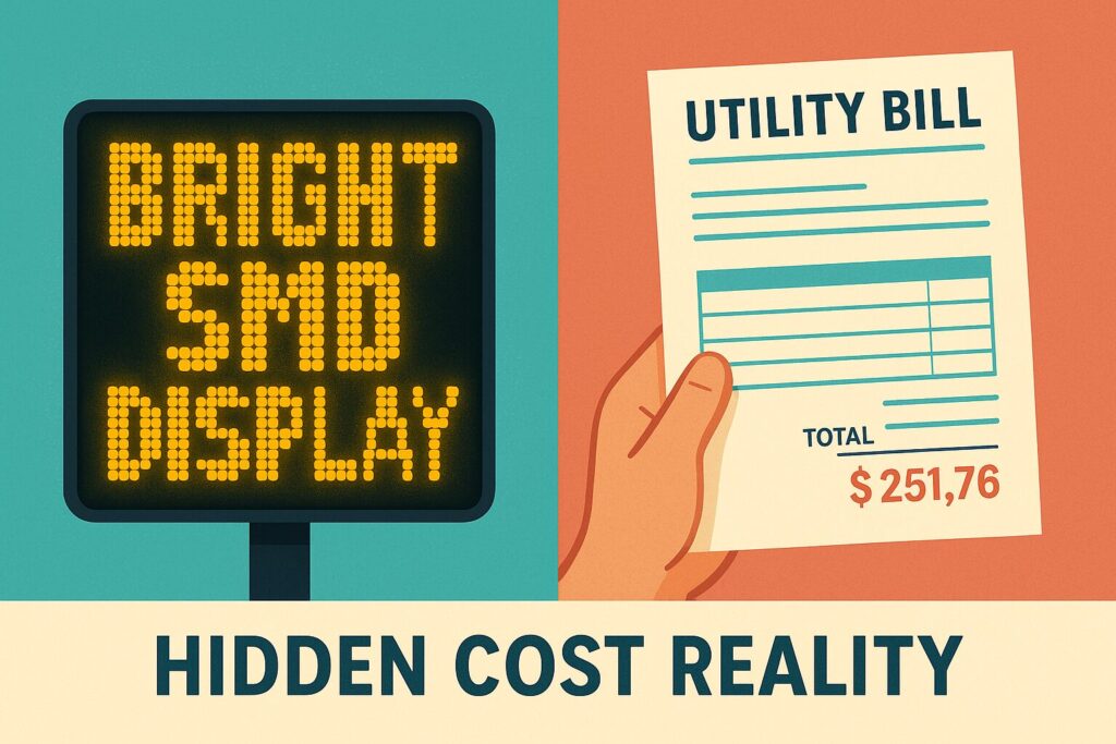 Alt text: Comparison image showing an illuminated SMD screen display next to an electricity bill, representing hidden ownership costs for Pakistani businesses