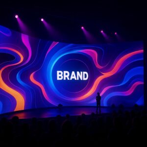 A wide-angle, dark view of a modern event stage featuring large, curved and flexible SMD LED screens forming an immersive, colorful visual backdrop
