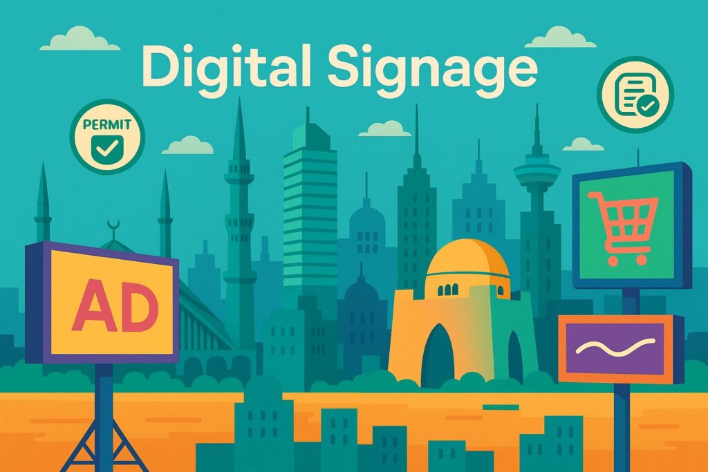 Digital signage compliance infographic showing major Pakistani cities with permit requirement icons and regulatory symbols