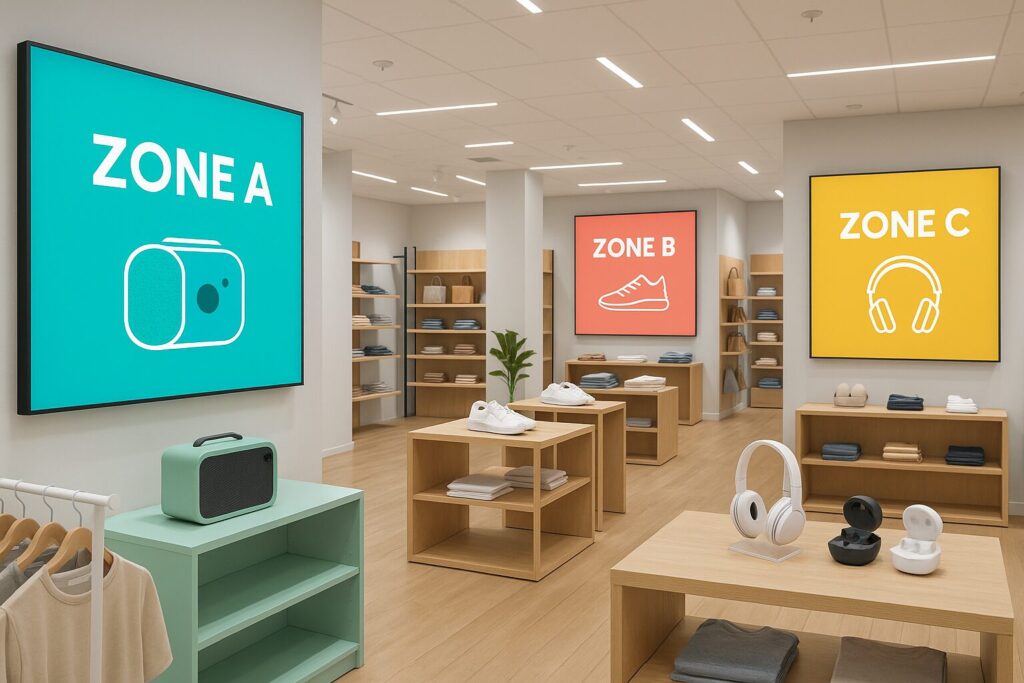 Alt text: Multi-zone audio system integrated with digital signage displays in a contemporary retail environment, showing distinct customer areas with synchronized audio-visual content