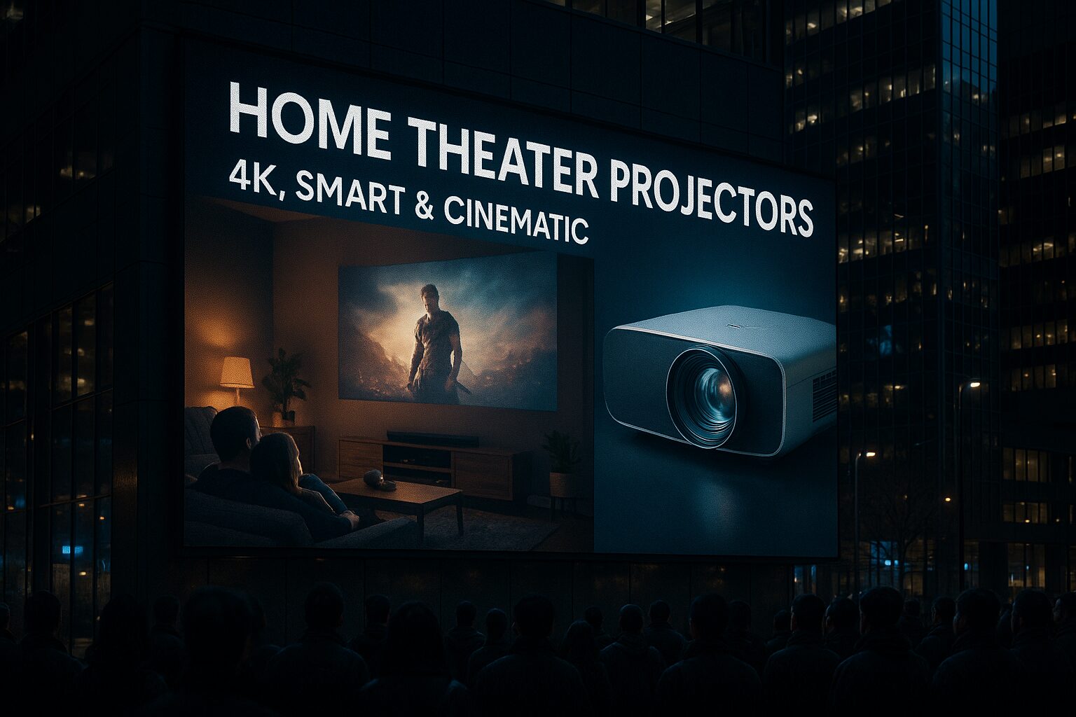 A hyper-realistic nighttime urban scene showing a large SMD LED screen mounted on a modern building. The screen displays a vivid advertisement for "Home Theater Projectors – 4K, Smart & Cinematic," featuring a cozy living room with a couple watching a high-resolution movie projected on a wall, and a sleek, modern projector showcased beside them. A crowd of people is gathered below, watching the screen, with surrounding glass buildings reflecting the screen’s glow under moody city lighting.