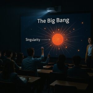A wide-angle view of a dark university auditorium shows students attentively interacting with a large screen projected by a ceiling-mounted interactive projector. The screen displays a vivid illustration of the Big Bang, with the word "Singularity" pointing to a glowing red center. The room resembles a cinema setting, with tiered seating and a dim, immersive atmosphere, while a professor stands beside the screen, guiding the lesson.