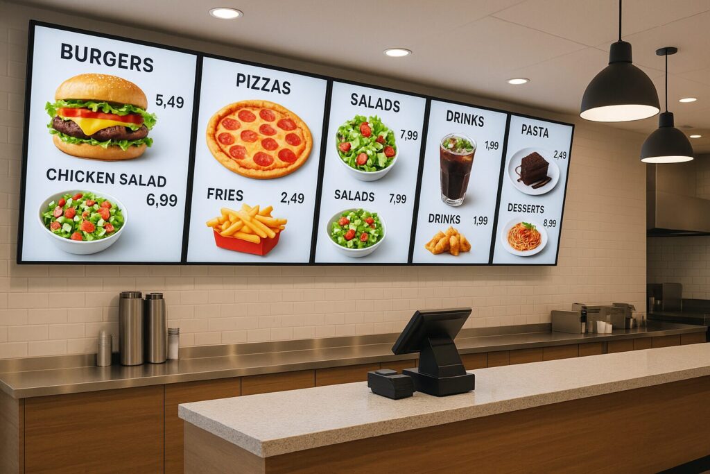Modern quick-service restaurant interior featuring large SMD digital menu boards displaying colorful food items and pricing in a clean, well-lit environment]