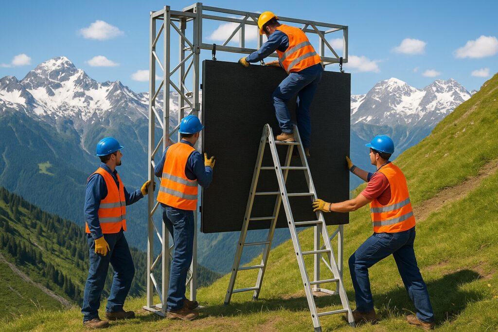 Alt text: Professional technicians installing a large SMD display screen on a mountain installation site in Northern Pakistan with safety equipment and specialized tools visible