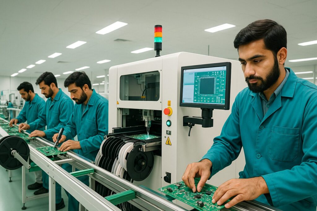 Alt text: Pakistani electronics manufacturer and SMD service provider team reviewing quality control reports and production schedules in modern facility