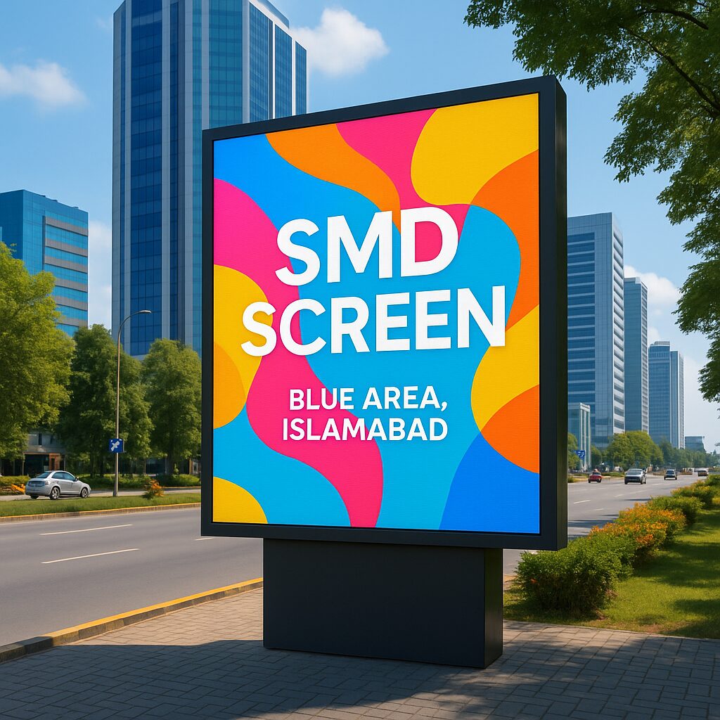 Alt text: Large outdoor SMD screen displaying vibrant digital advertisement in Blue Area commercial district, Islamabad, with busy street traffic and modern buildings in background