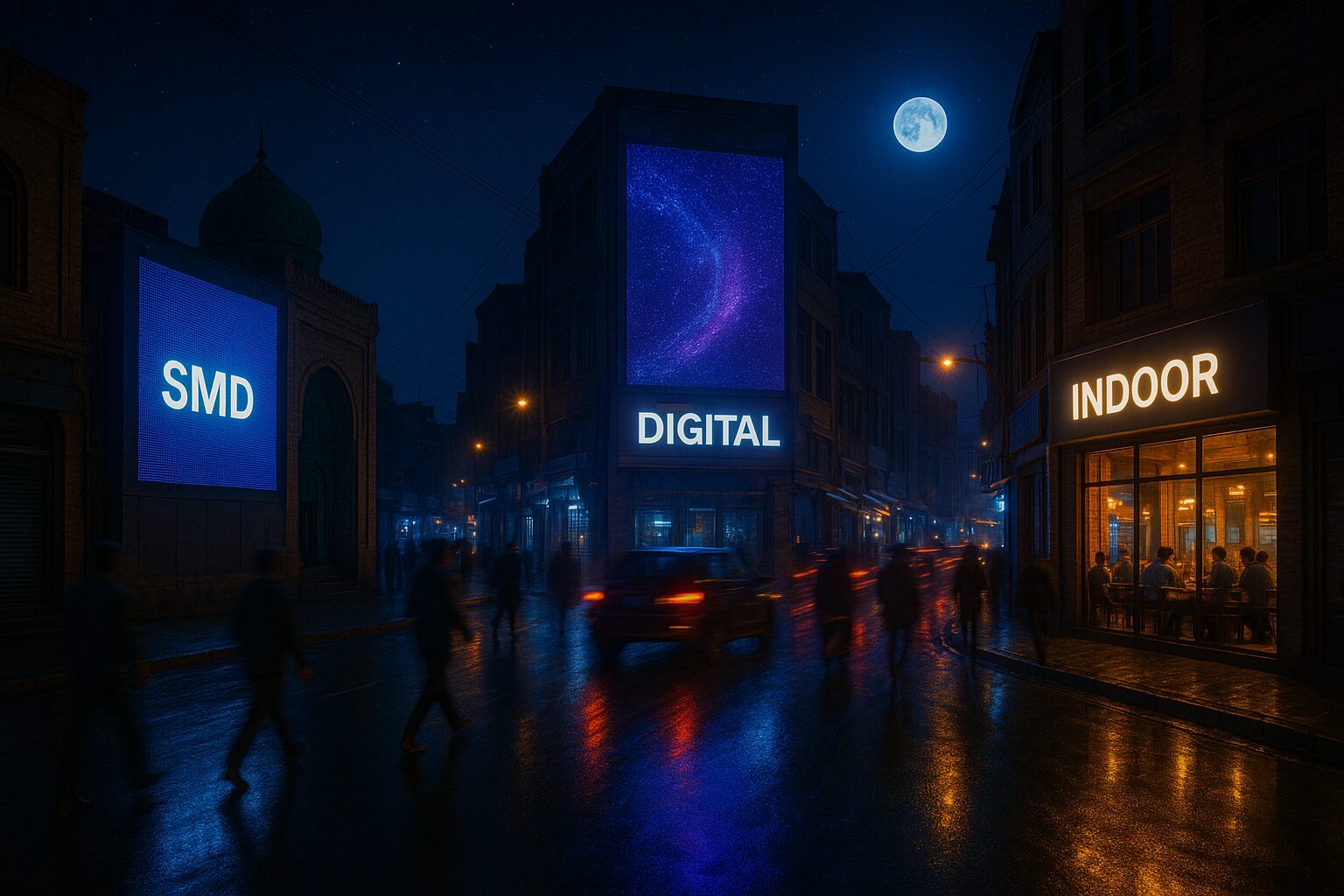 A nighttime city scene in Peshawar featuring glowing digital SMD screens labeled “SMD,” “DIGITAL,” and “INDOOR.” The wet street reflects neon lights as people walk and cars pass by. Traditional architecture, including a mosque with a green dome, contrasts with the modern LED displays. A full moon glows in the deep blue sky, enhancing the cinematic atmosphere.