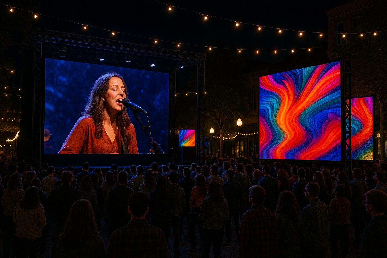 A wide-angle night view of an outdoor event in Sialkot shows a large crowd gathered in front of vibrant LED SMD display screens. The main screen features a live performance by a female singer, while additional screens showcase colorful abstract visuals. The scene is illuminated by warm string lights and ambient lighting from nearby buildings, creating a festive and immersive atmosphere.