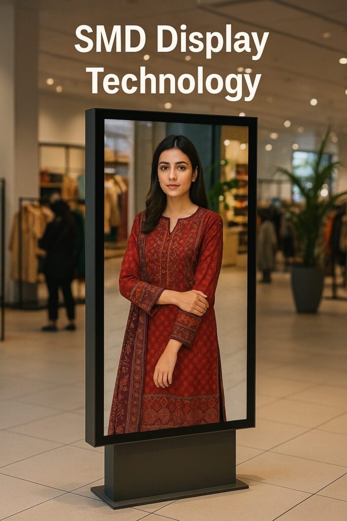 Alt text: Touch-interactive SMD screen displaying product catalog in contemporary Pakistani retail store with customers engaging with the interface