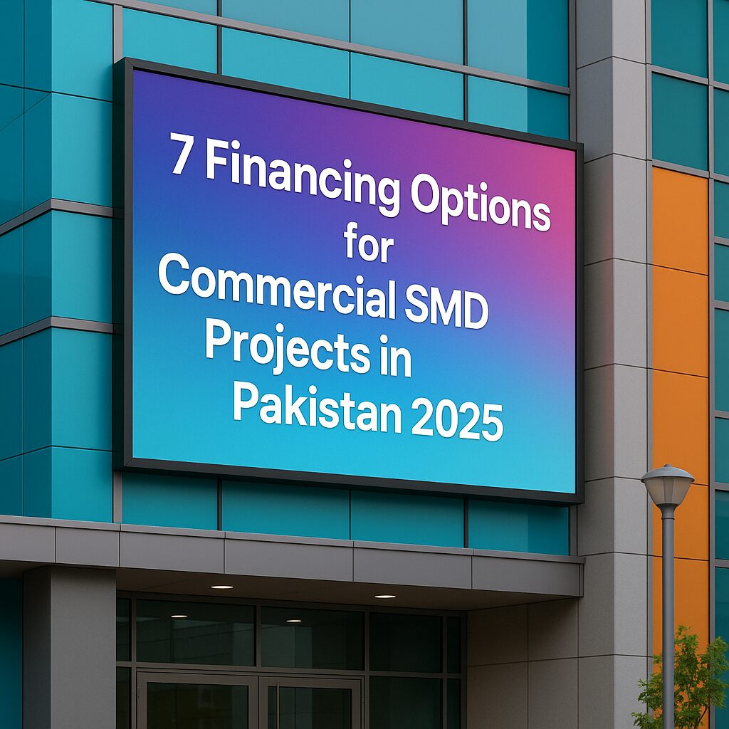 Large commercial SMD display screen mounted on building facade in Karachi business district showcasing digital advertising content