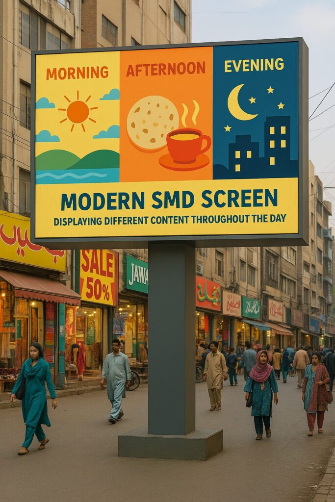 Alt text: Dynamic SMD screen showing morning coffee ads transitioning to lunch promotions in a busy Pakistani marketplace