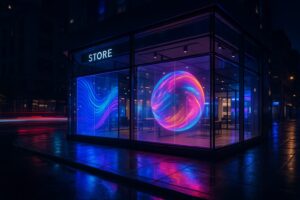 A high-resolution night-time image of a modern glass storefront illuminated by vibrant transparent LED screens displaying colorful abstract graphics. The wet pavement reflects the glowing lights, while light trails from passing cars add a dynamic effect. The scene captures a futuristic, urban ambiance with a sleek architectural design.