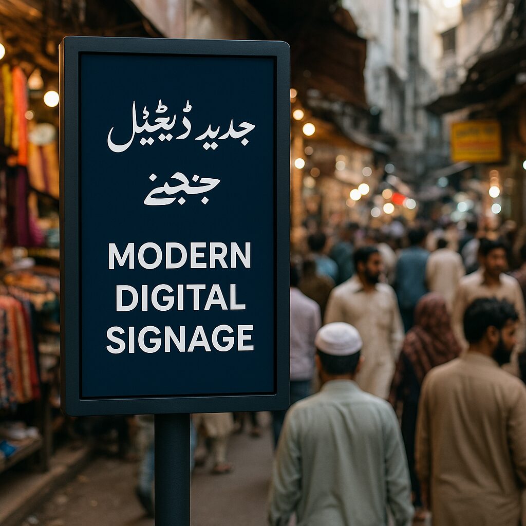 Alt Text: Bilingual digital signage board displaying promotional offers in both Urdu and English languages at a crowded Pakistani shopping center