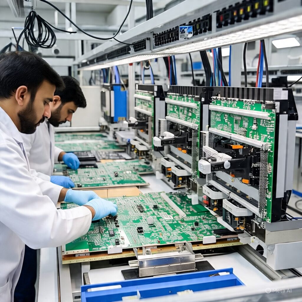 [Professional SMD assembly line showing precision placement of surface mount components on printed circuit boards at Arista Vision Pakistan facility