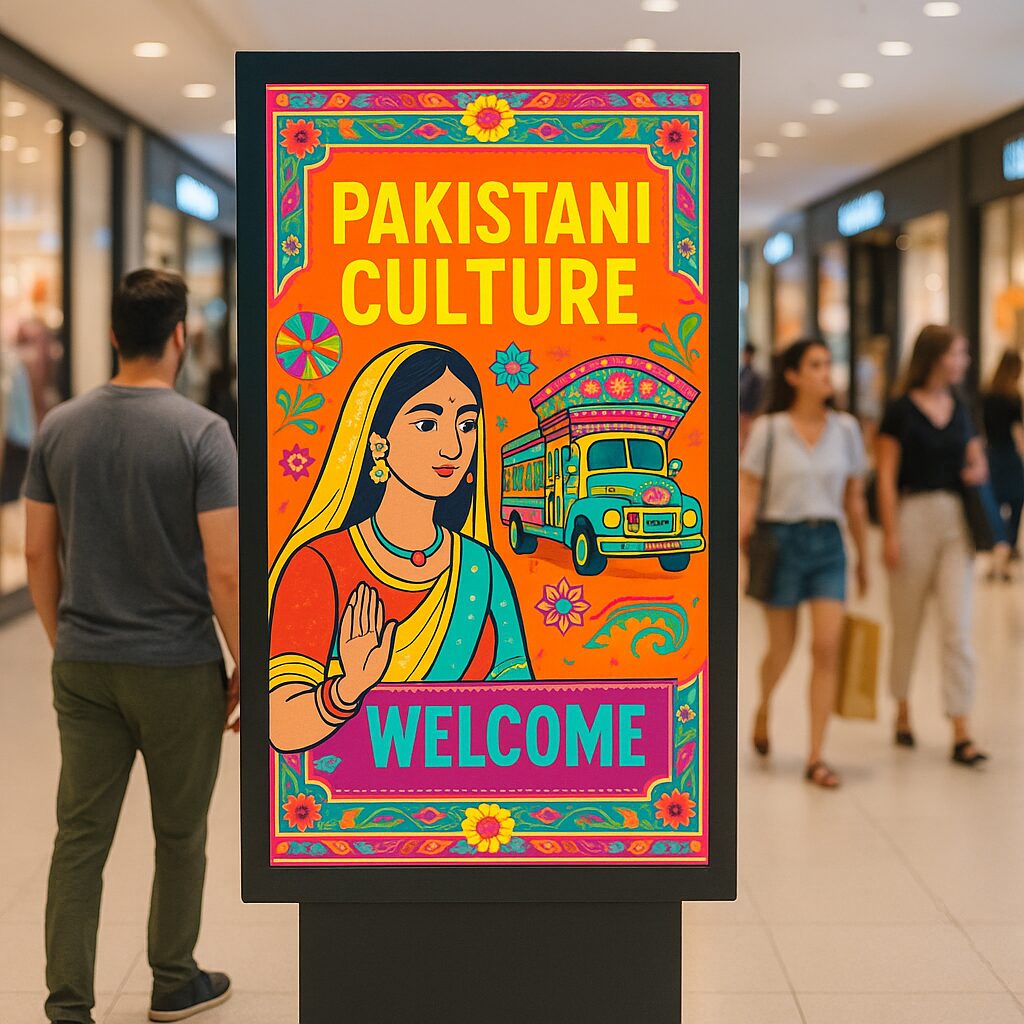 Modern SMD digital signage display showing vibrant Pakistani cultural content in a busy Karachi shopping mall with customers viewing promotional messages