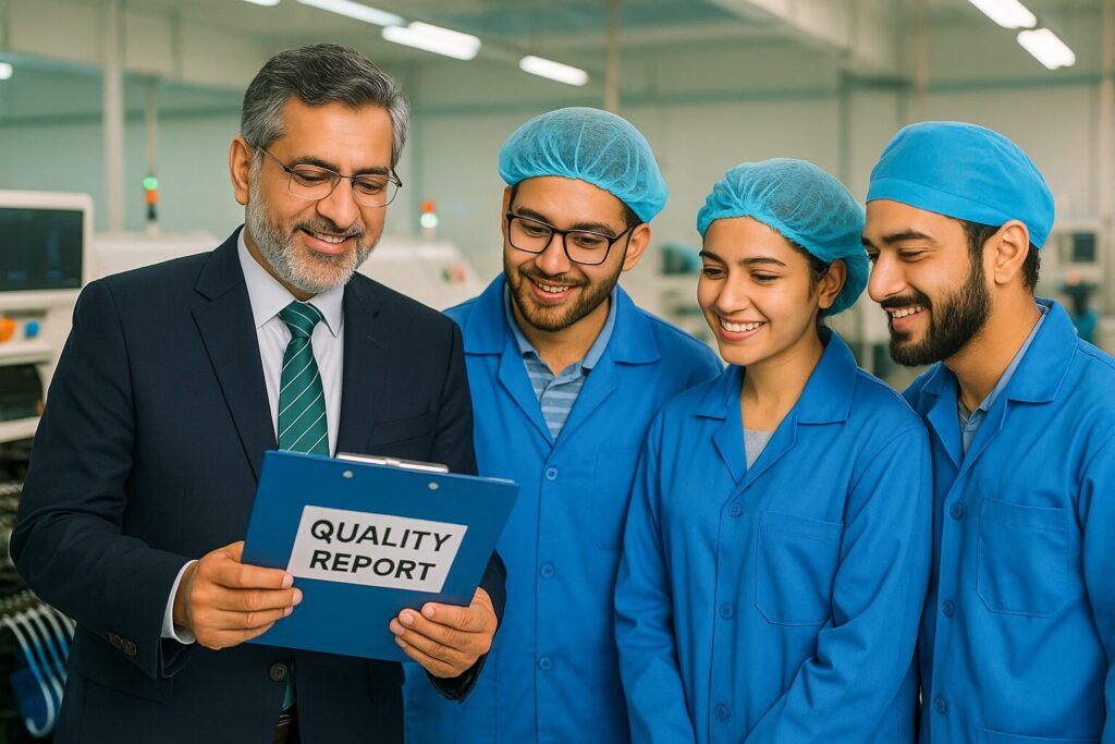 Pakistani electronics manufacturer and SMD service provider team reviewing quality control reports and production schedules in modern facility
