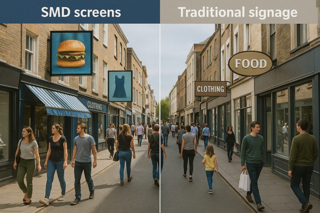 Comparison of strategic SMD screen placement driving foot traffic versus traditional signage in Pakistani retail environment