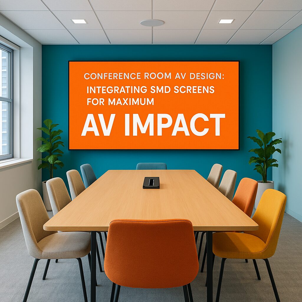Modern conference room in Islamabad featuring a large SMD video wall displaying presentation content with executive team seated around mahogany table under bright office lighting
