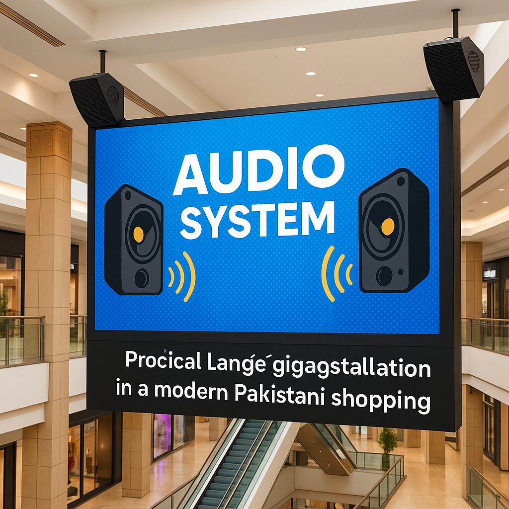 
Professional digital signage installation showing a large LED display with integrated directional speakers mounted in a modern Pakistani shopping mall, demonstrating effective audio-visual integration for customer engagement)