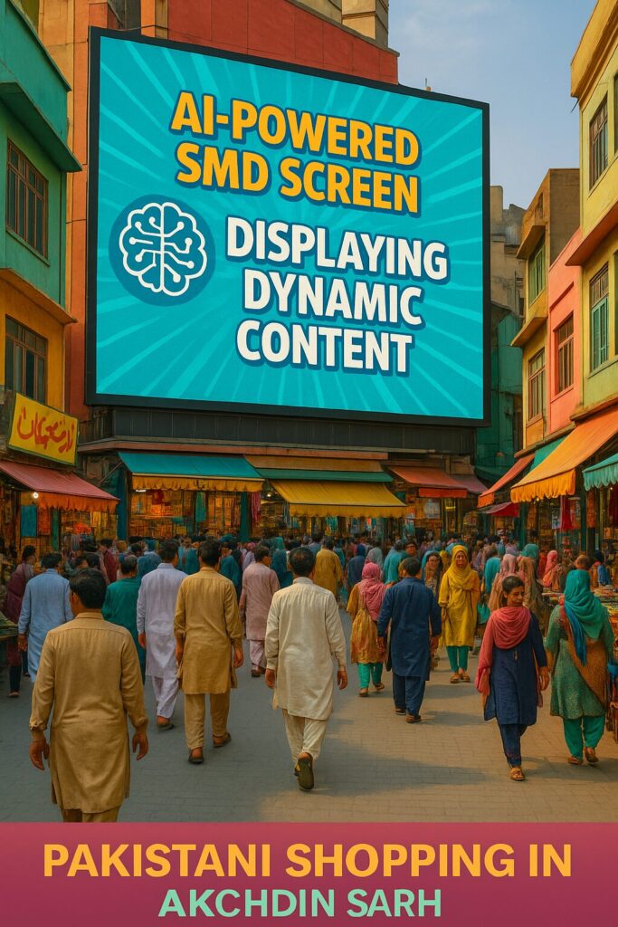 Modern SMD screen installation in Pakistani commercial center showing AI-optimized content with real-time audience analytics and adaptive brightness for optimal viewing experience