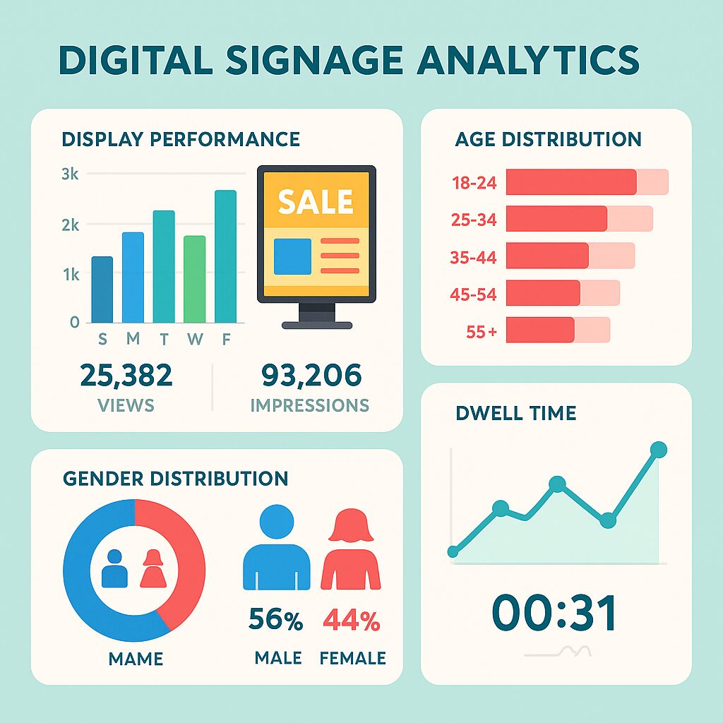 A modern digital signage analytics dashboard with colorful charts and graphs. The dashboard includes sections for display performance with a bar graph, gender distribution with a pie chart (56% male, 44% female), age distribution with horizontal bars, and dwell time shown as a line graph. The background is teal, and the design uses fresh, engaging colors to highlight real-time data metrics like views, impressions, and audience demographics.