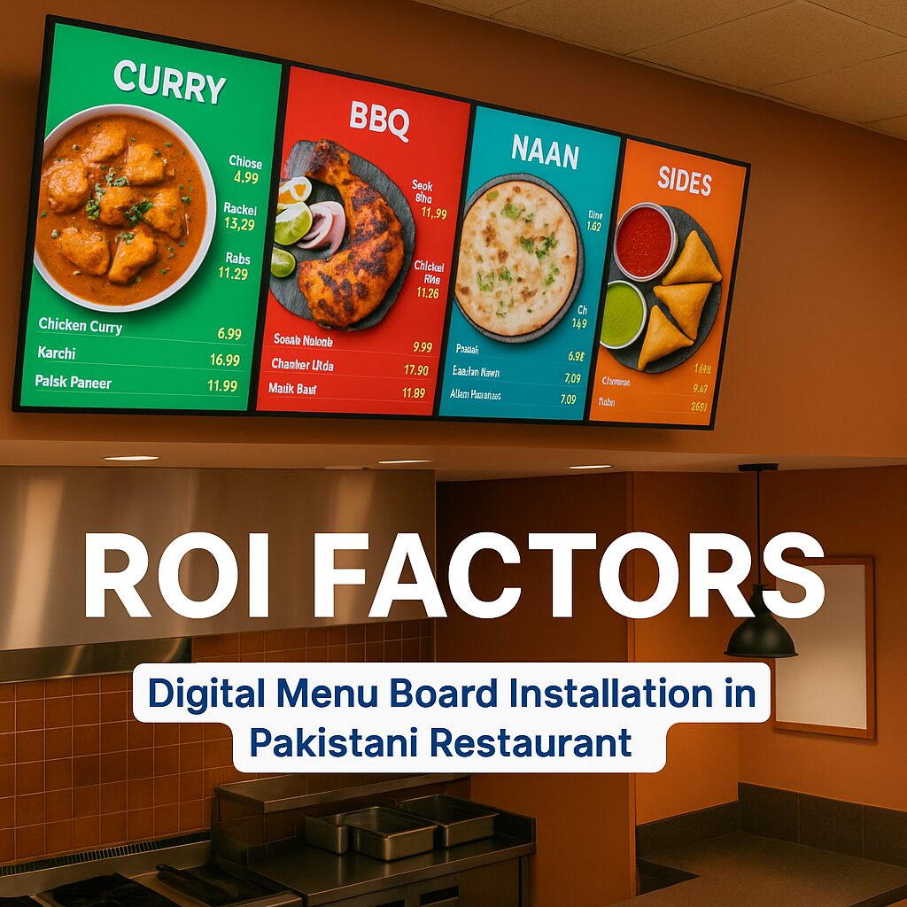 Digital menu boards displaying vibrant food categories like Curry, BBQ, Naan, and Sides are mounted above the counter in a Pakistani restaurant with warm, modern interior; text overlay reads "ROI Factors – Digital Menu Board Installation in Pakistani Restaurant.