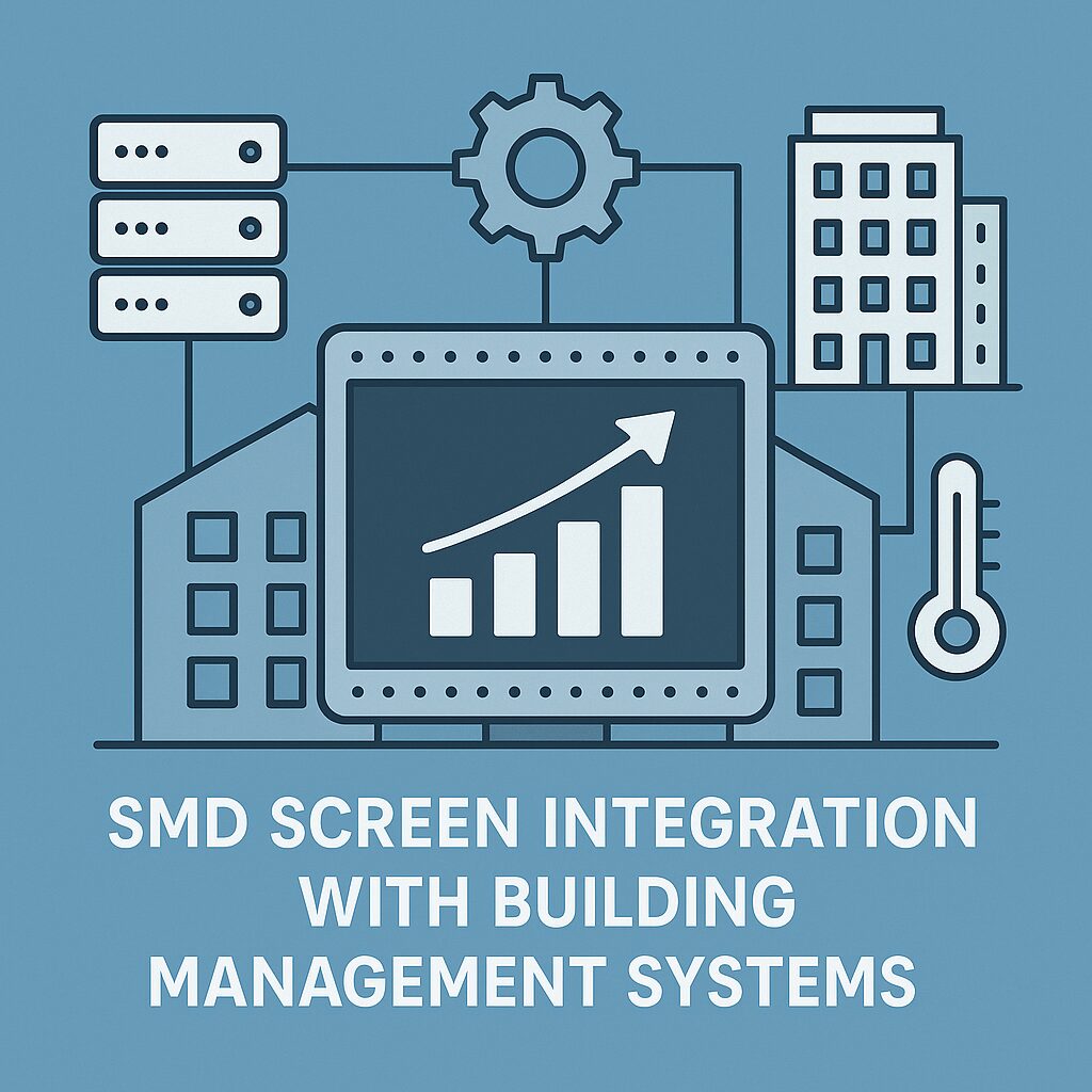 A flat, two-dimensional digital illustration visualizing the integration of SMD screens with building management systems. The image features a central SMD screen displaying a rising bar chart with an arrow, symbolizing data or performance metrics. Surrounding the screen are icons of a server, gear, building, and thermometer, all interconnected with lines to represent system integration. The background is blue, and the design uses simple, clean lines with a modern, technical aesthetic. Text at the bottom reads: "SMD Screen Integration with Building Management Systems.