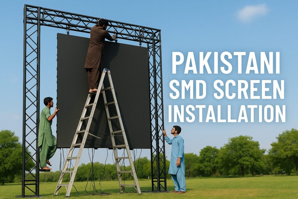 Modern SMD screen display showing vibrant digital advertising content installed at a busy commercial plaza in Karachi, Pakistan, with clear visibility in bright daylight conditions)