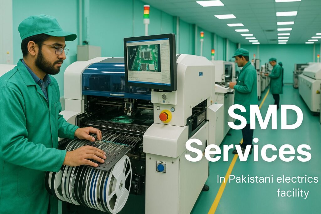 Alt text: Professional technician operating SMD pick-and-place machine in modern Pakistani electronics manufacturing facility