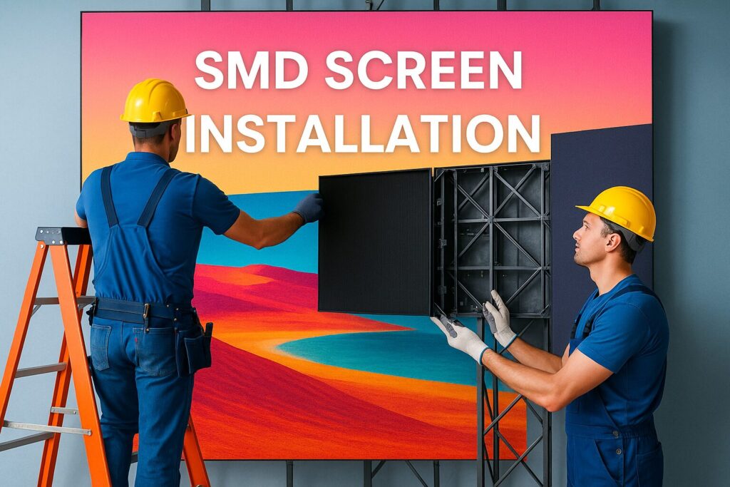 Modern edge-computing enabled SMD screen displaying dynamic content in a busy Pakistani shopping mall, showing reduced latency and improved performance with local processing capabilities.