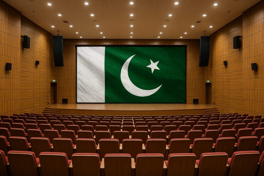 Modern Pakistani auditorium featuring large SMD video wall display with strategically positioned speakers and professional audio equipment, showing audience seating and optimal viewing angles)